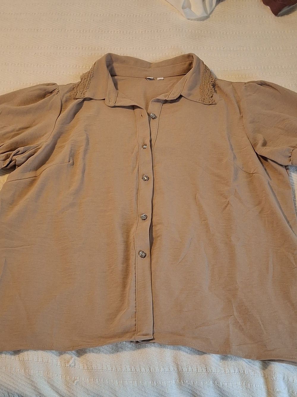 Beige Button-Front Blouse with Lace Collar